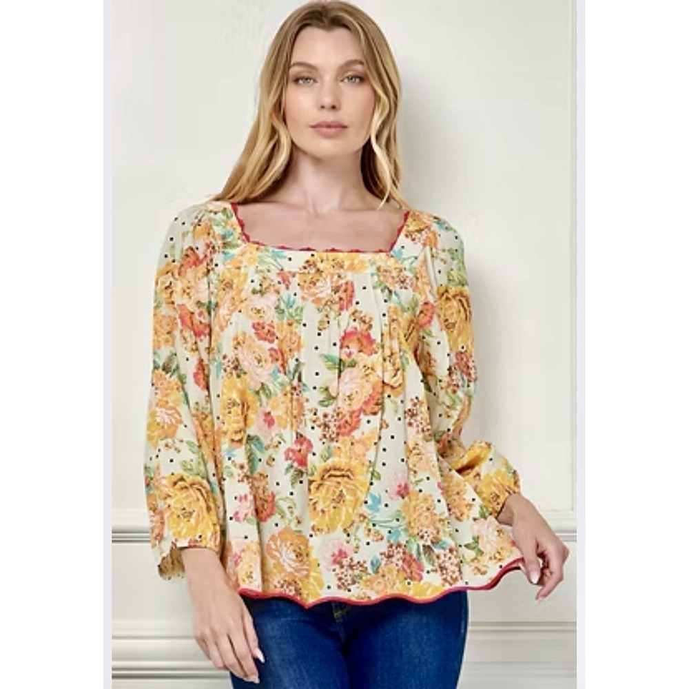 Anthropologie Fig & Flower Floral Linen Blend Boho Peasant Top Size Medium